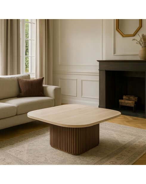 Quadratischer Couchtisch mit natürlichem Travertin/Nussbaumeffekt 80X80X36cm Esther