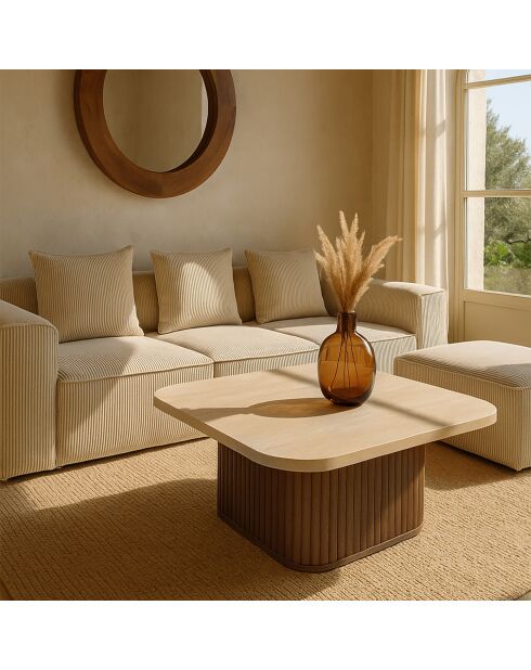 Quadratischer Couchtisch mit natürlichem Travertin/Nussbaumeffekt 80X80X36cm Esther