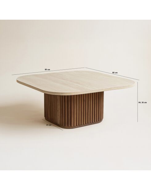Quadratischer Couchtisch mit natürlichem Travertin/Nussbaumeffekt 80X80X36cm Esther