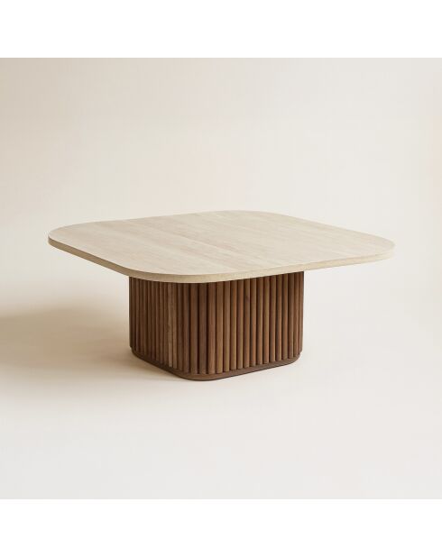 Quadratischer Couchtisch mit natürlichem Travertin/Nussbaumeffekt 80X80X36cm Esther