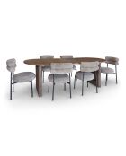 Set ovale tafel 230 cm + 6 stoelen in moka tweed en zwart metaal Gina