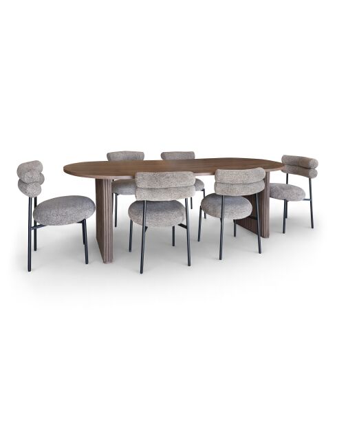 Set Ovaler Tisch 230 cm mit 6 Stühlen aus Moka-Tweed und schwarzem Metall Gina