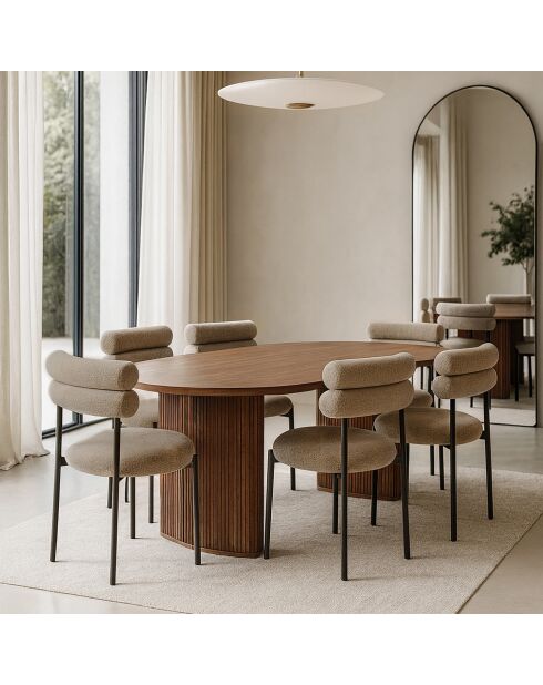 Set Ovaler Tisch 230 cm mit 6 Stühlen aus Moka-Tweed und schwarzem Metall Gina