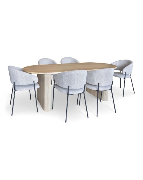 Set Tavolo 220 Cm Effetto Legno Naturale + 6 Poltrone Tessuto Tweed Latte Quito