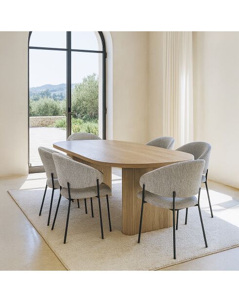 Set Tavolo 220 Cm Effetto Legno Naturale + 6 Poltrone Tessuto Tweed Latte Quito