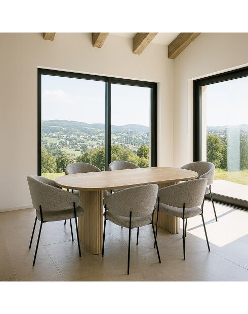 Set Tavolo 220 Cm Effetto Legno Naturale + 6 Poltrone Tessuto Tweed Latte Quito