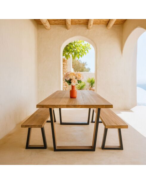 Ensemble Table 200 Cm + 2 Bancs 180Cm En Bois De Pin  / Acacia Pied Métal Noir Hera