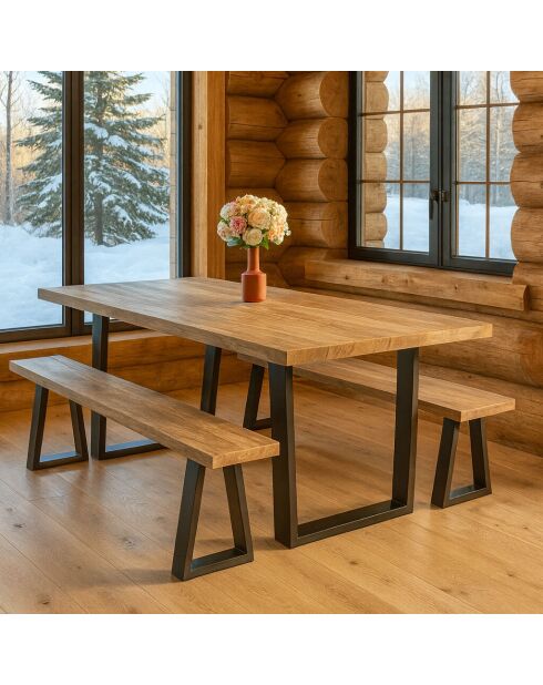 Ensemble Table 200 Cm + 2 Bancs 180Cm En Bois De Pin  / Acacia Pied Métal Noir Hera