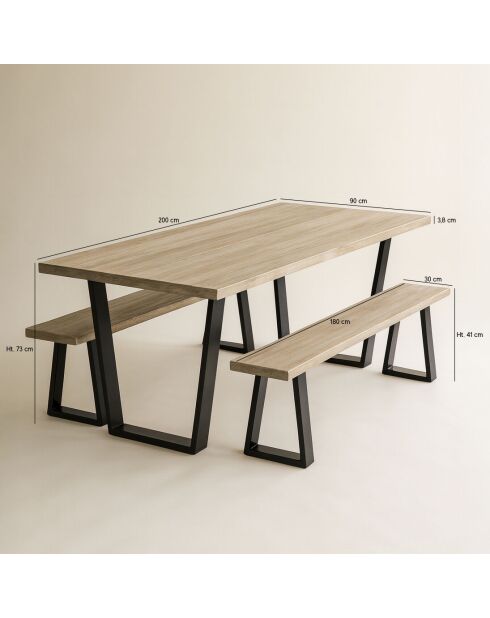 Ensemble Table 200 Cm + 2 Bancs 180Cm En Bois De Pin  / Acacia Pied Métal Noir Hera