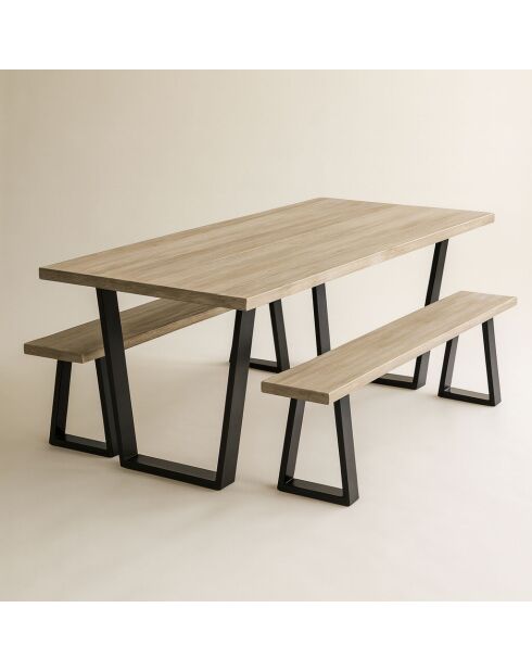 Ensemble Table 200 Cm + 2 Bancs 180Cm En Bois De Pin  / Acacia Pied Métal Noir Hera