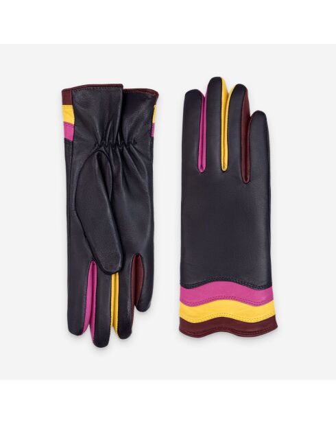 Gants cuir agneau-100% soie-21558SN-noir-fuchsia