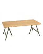 Table basse plateau en pin et pieds tréteaux en métal vert