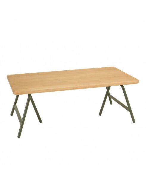 Table basse plateau en pin et pieds tréteaux en métal vert