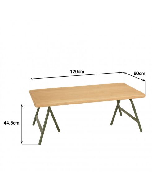 Table basse plateau en pin et pieds tréteaux en métal vert