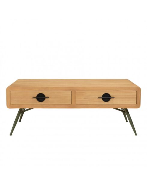 Table basse 2 tiroirs pin couleur naturelle pieds métal vert