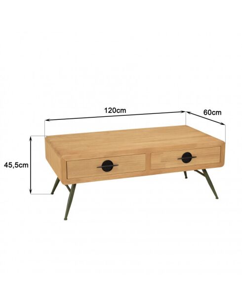 Table basse 2 tiroirs pin couleur naturelle pieds métal vert