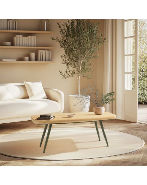 Table basse PM plateau en pin pieds scandinaves métal vert