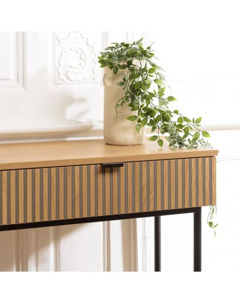 Console 2 t. décor effet bois rainuré noir/naturel SCOTT (2 COLIS)