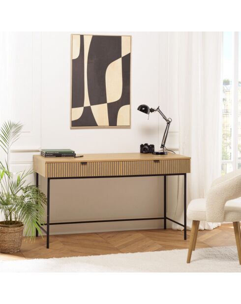 Bureau 2 tiroirs décor effet bois rainuré noir et naturel SCOTT