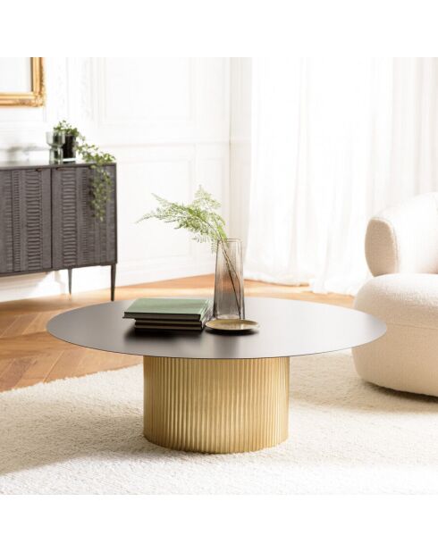 Table basse ronde 110x110cm plateau en fer noir pied strié doré