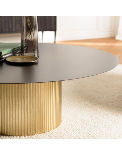 Table basse ronde 110x110cm plateau en fer noir pied strié doré