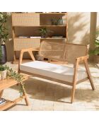 Canapé FLORES 2 p. en teck dossier cannage naturel coussin gris