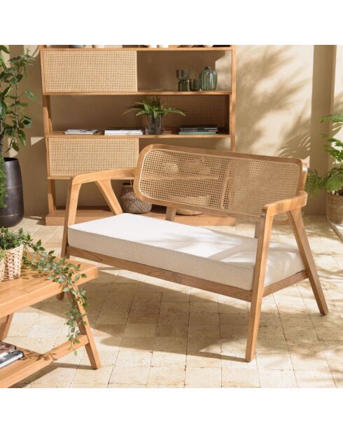 Canapé FLORES 2 p. en teck dossier cannage naturel coussin gris