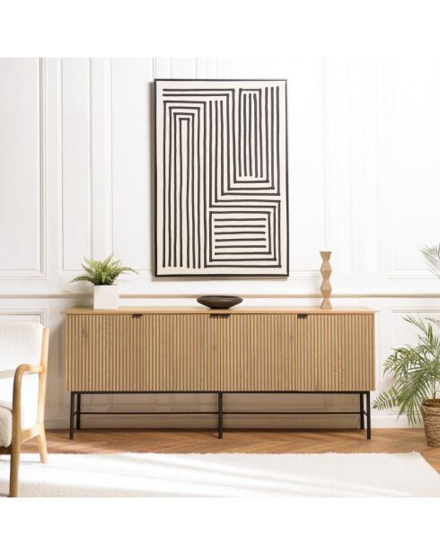 Buffet 4 p. décor effet bois rainuré noir et naturel SCOTT