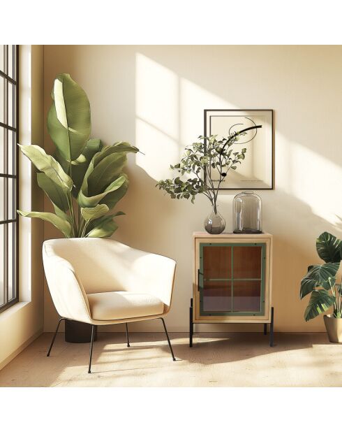 Buffet 1 porte vitrée encadrement vert pin et métal noir