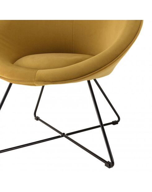 Fauteuil tissu velours jaune moutarde pieds croisés métal noir AGATHE