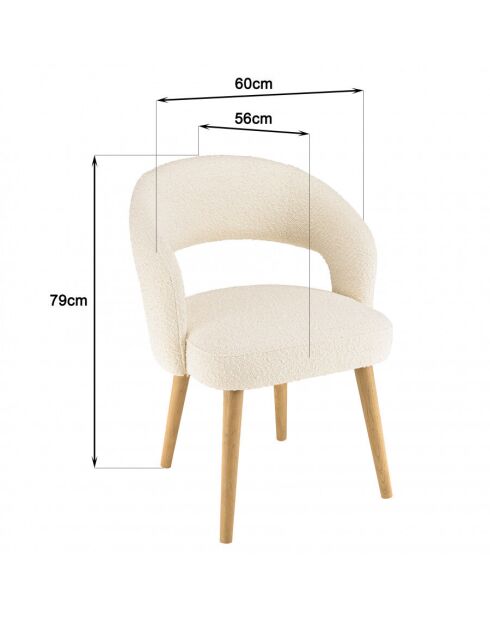 Chaise en tissu bouclette écru, dossier ouvert, pieds en bois PIERRE