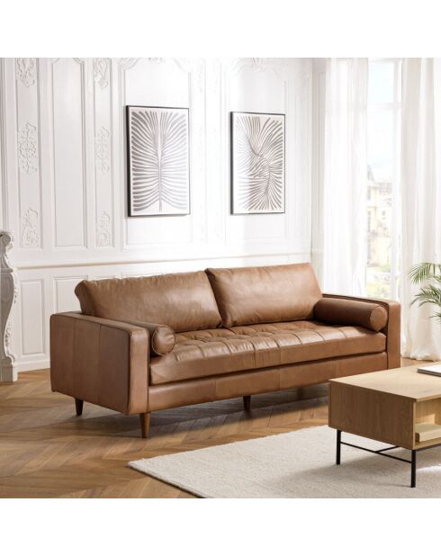 Canapé 3 places cuir couleur caramel assise capitonnée PIERRE