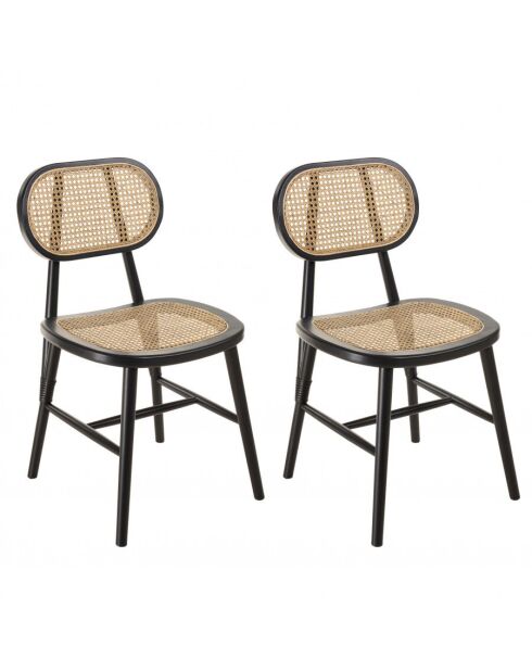 Lot de 2 chaises bois noir, assise et dossier en rotin naturel PIERRE