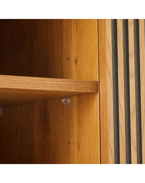 Meuble TV 2 p. 2 niches décor effet bois rainuré noir/naturel SCOTT