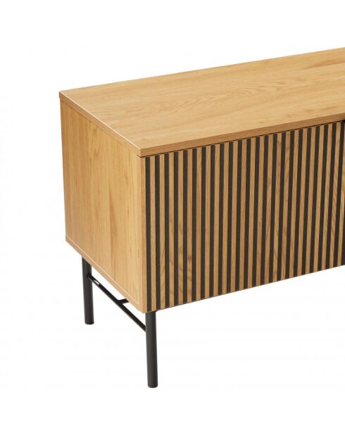 Meuble TV 2 p. 2 niches décor effet bois rainuré noir/naturel SCOTT