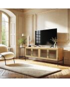 Meuble TV 4 portes vitrées encadrement vert pin et métal noir