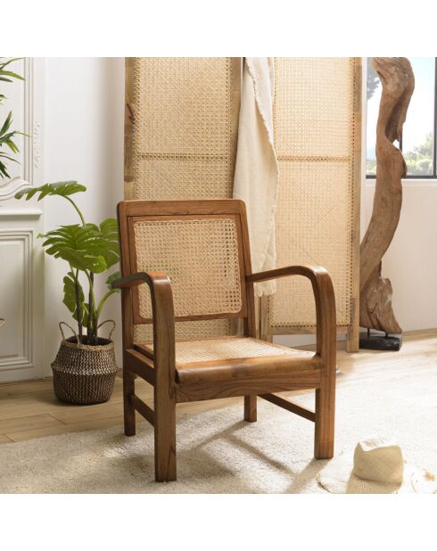 Fauteuil mindi et cannage bois foncé