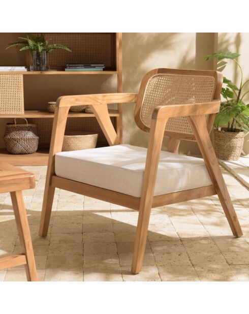 Fauteuil FLORES en teck dossier en cannage naturel coussin gris