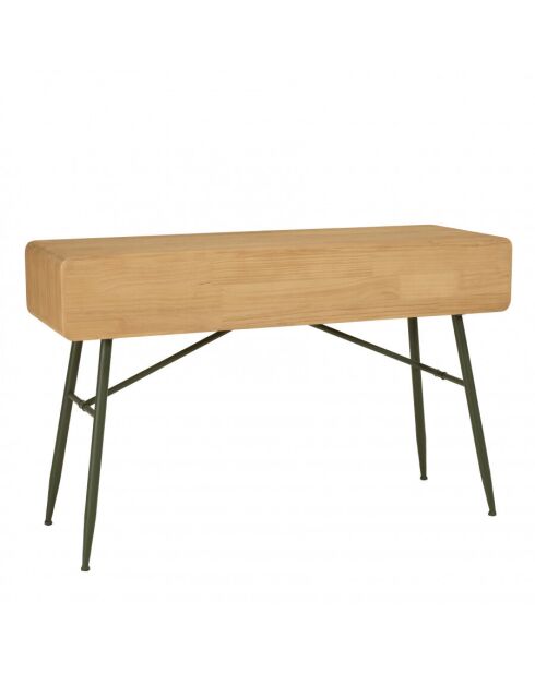 Console 2 tiroirs en pin couleur naturelle et pieds métal vert