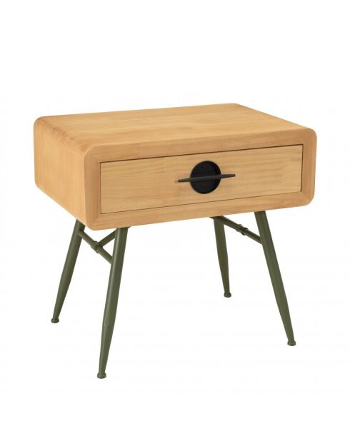 Chevet 1 tiroir en pin couleur naturelle et pieds métal vert