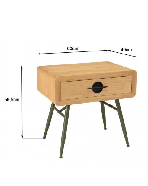 Chevet 1 tiroir en pin couleur naturelle et pieds métal vert