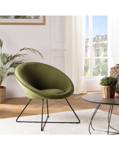 Fauteuil tissu velours vert olive pieds croisés métal noir AGATHE