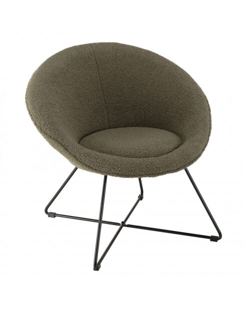 Fauteuil tissu bouclette vert kaki pieds croisés métal noir AGATHE