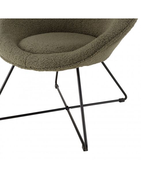 Fauteuil tissu bouclette vert kaki pieds croisés métal noir AGATHE