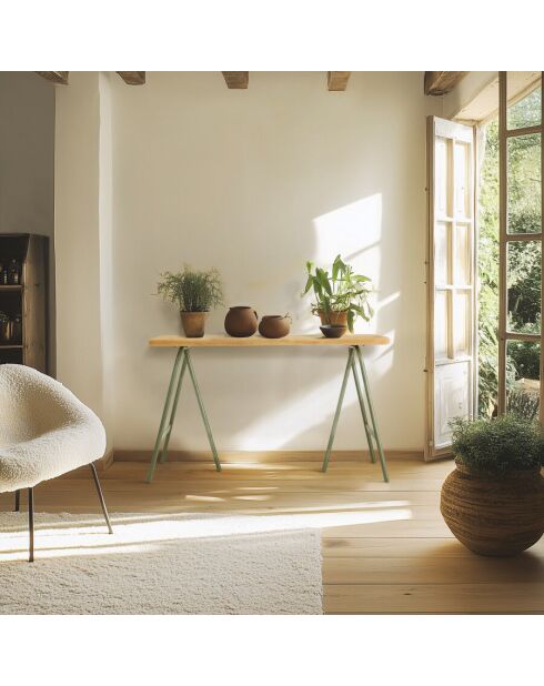 Console plateau en pin et pieds tréteaux en métal vert