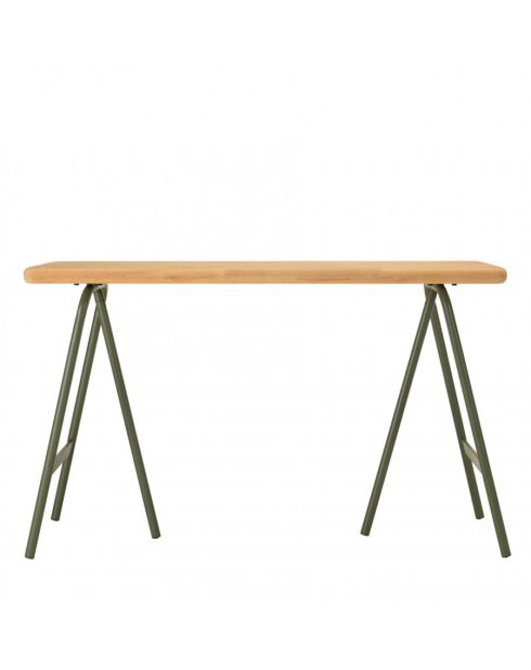 Console plateau en pin et pieds tréteaux en métal vert