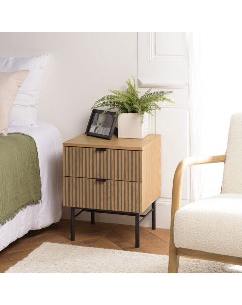 Chevet 2 tiroirs décor effet bois rainuré noir et naturel SCOTT