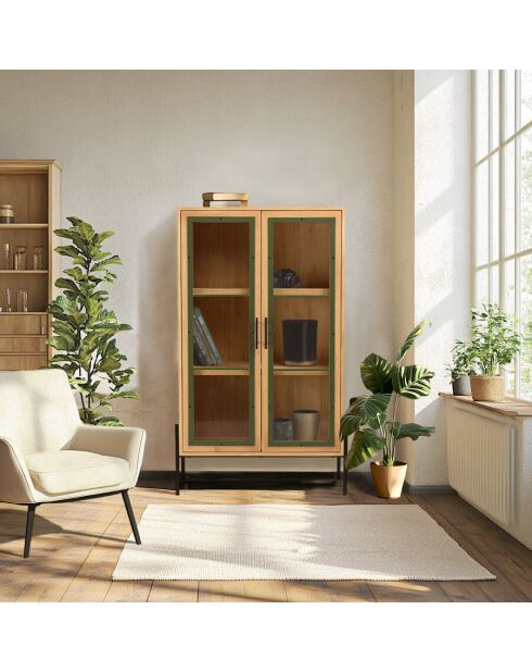 Vaisselier 2 portes vitrées encadrement vert pin et métal noir