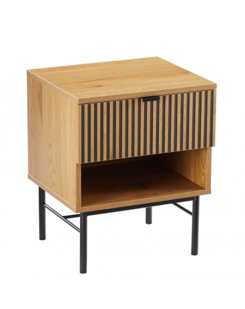 Chevet 1 tiroir décor effet bois rainuré noir et naturel SCOTT