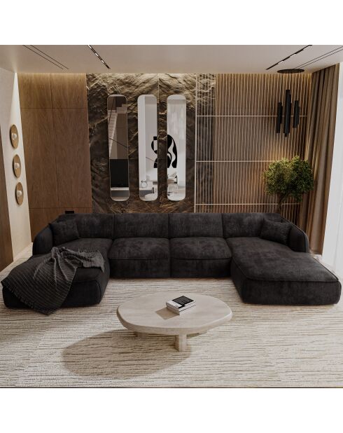 Canapé panoramique avec coussins LIAM Velours tramé Noir - 346x166x76